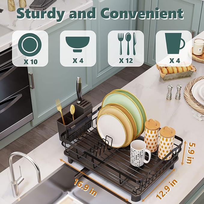 AIDERLY Metal Dish Drying Rack Automatic Drainage, Black, Large | Removable Cutlery Basket, Drainboard & Knife Slots, Dish Drainers, for Kitchen Counter Sink