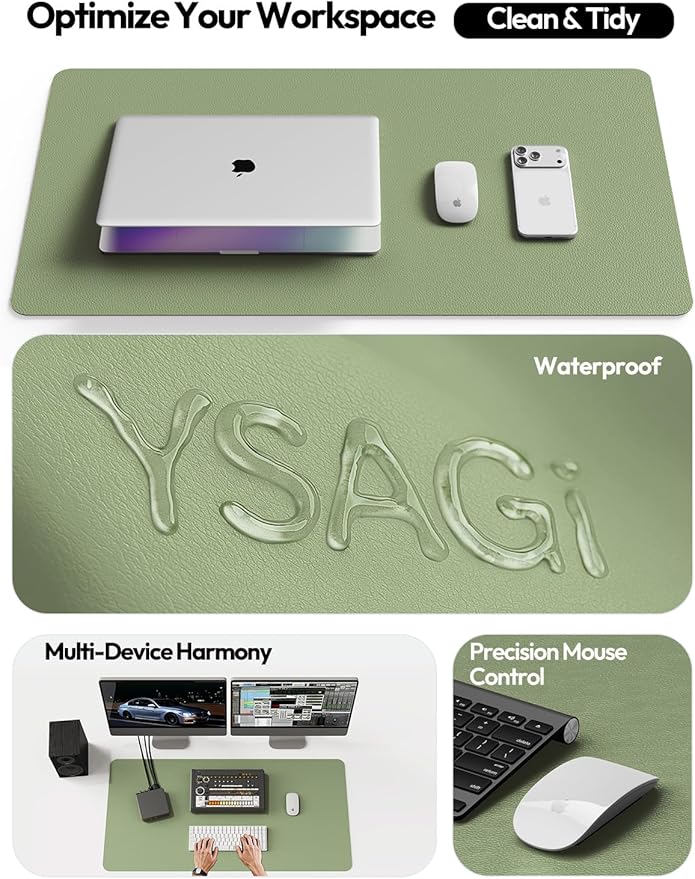 YSAGi Leather Desk Protector, Office Mat, Large Mouse Mat, Non-Slip PU Leather Blotter, Laptop Desk, Waterproof Writing Pad for Office and Home (Bamboo Green, 35.4" x 17")