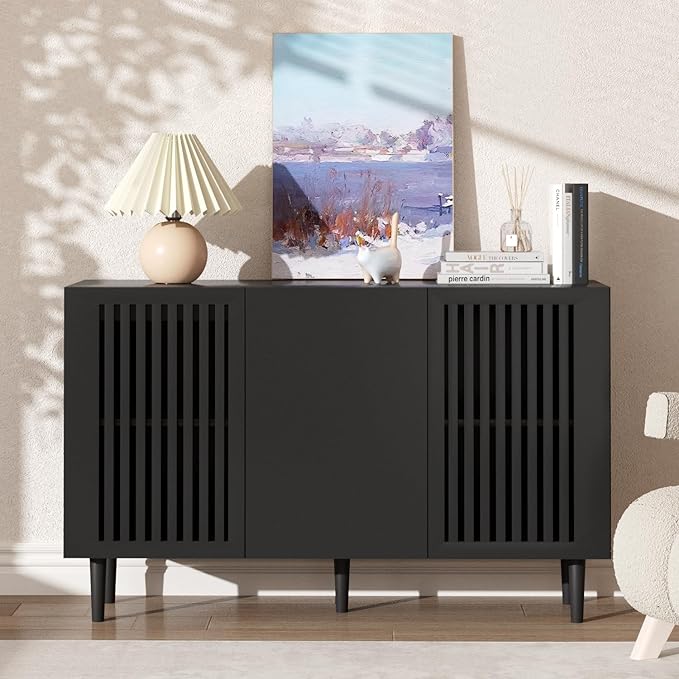 Storage Cabinet, 47.2" Freestanding Buffet Cabinet with 3 DIY Doors and Adjustable Shelf,Modern Sideboard Buffet Cabinet for Living Room,Dining Room,Kitchen,Hallway, Black