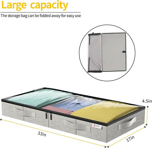 4.5 Inches Under Bed Storage Containers with Sturdy Sidewalls/Bottom and Reinforced Handles,Low Profile Underbed Storage for Clothes,Shoes,Pillows and Blankets with Zips and Clear Windows,4 Pack
