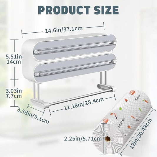 AUSTUFF 3 in 1 Plastic Wrap Dispenser with Cutter,Magnetic Aluminum Foil and Adhesive Film Organizer, Wall Mount Kitchen Wrap Organizer, Cling Wrap Dispenser with Paper Towel Holder and Cutter
