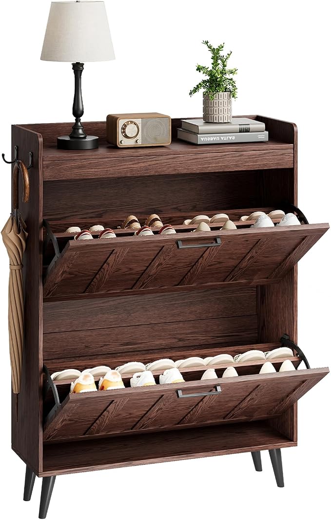 ChooChoo Shoe Storage Cabinet with 2 Flip Drawers, Farmhouse Shoe Organizer Storage for Entryway, Freestanding Hidden Slim Narrow Shoe Rack Cabinet, Walnut