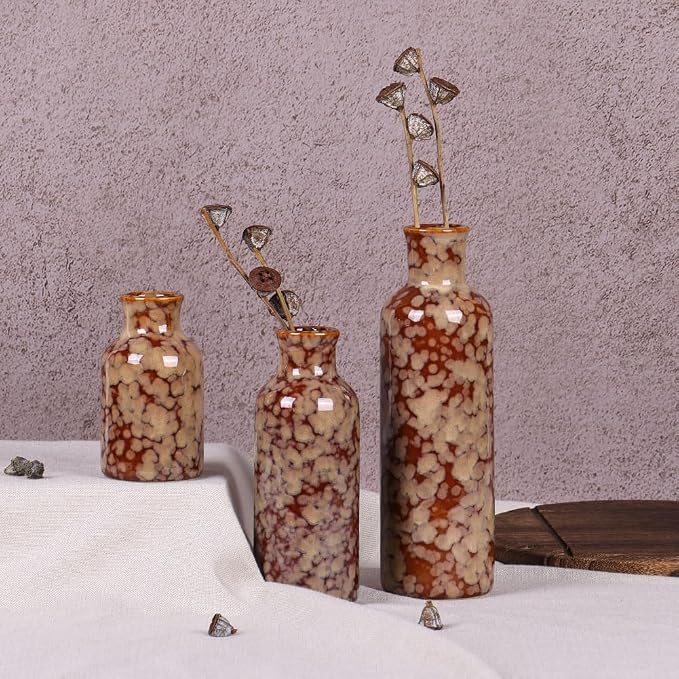 Ceramic Vase Set - 3 Crack Brown Small Vases, Farmhouse Country Flower Vase Home Decor, Living Room Decoration, Table Decoration, Fireplace Decor, and Entrance Decorations Centerpieces