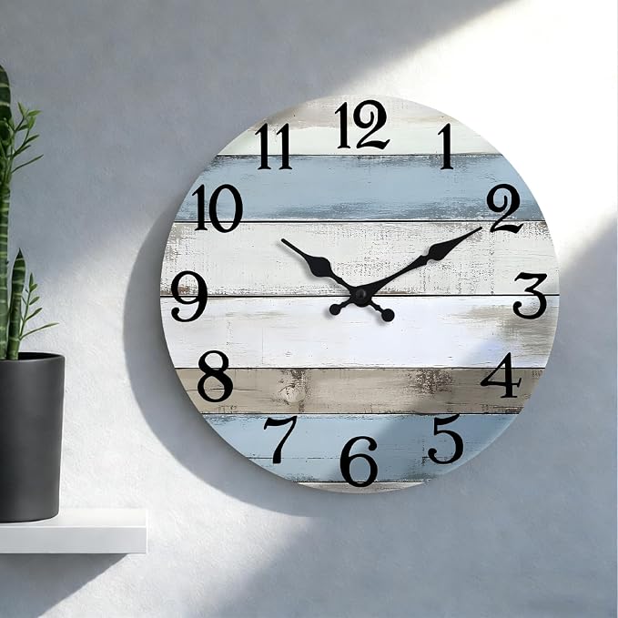 JoFomp 12 Inch Wall Clocks Battery Operated, Silent Wall Clock Non Ticking, Coastal Country Design Rustic Wall Clocks for Living Room Decor, Wooden Wall Clock for Bedroom Kitchen Bathroom