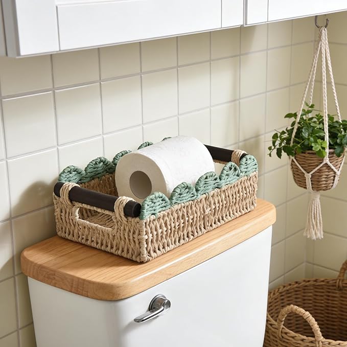 Wicker Basket with Built-in Handles, Small Scalloped Basket for Organizing, Set of 2 Decorative Baskets for Home and Toilet Paper Storage(Beige+Green)