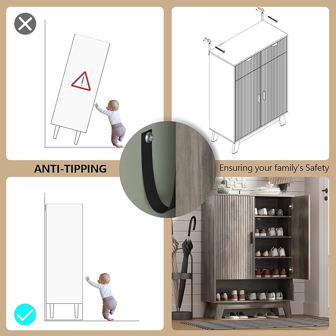Shoe Cabinet Storage for Entryway, 5 Tier Fluted Shoe Storage Cabinet with Wooden Legs, Narrow Hidden Shoe Organizer with Adjustable Shelves, Freestanding Shoe Rack for Entryway, Hallway, Grey