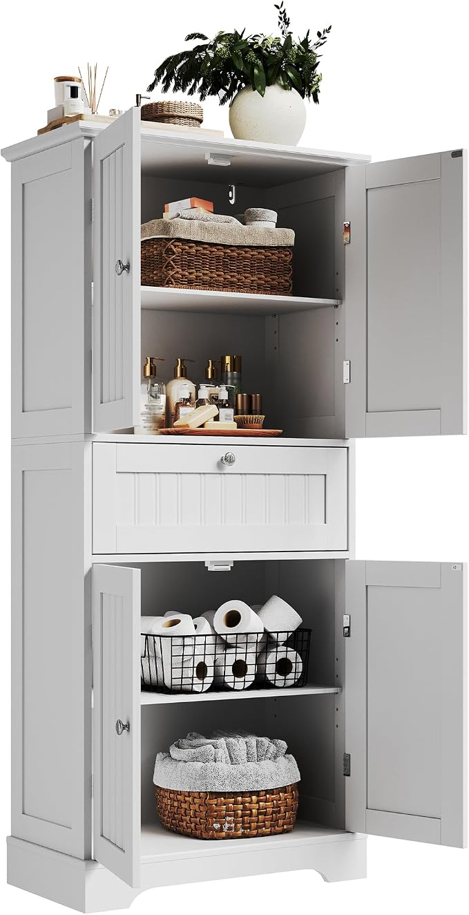 ChooChoo 51" H Tall Bathroom Floor Cabinet, Modern Bathroom Storage Cabinet with Drawer and Adjustable Shelves, Freestanding Kitchen Pantry Cupboard with 4 Doors for Living Room, White