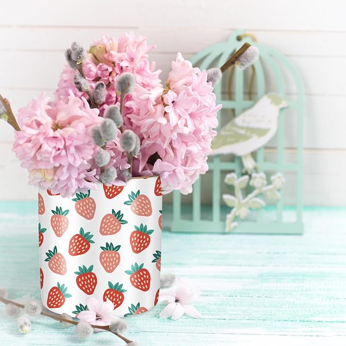 WAVEYU Pencil Holder for Desk, Ceramic Pencil Pens Cup Cute Makeup Brush Holder, Unique Desk Multifunctional Pen Organizer for Home, Office, Strawberries Pattern