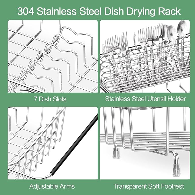 Fanbsy Large Dish Drainer Rack in Sink Adjustable, Expandable 304 Stainless Steel Metal Dish Drying Rack Organizer with Stainless Steel Utensil Holder Over Inside Sink Counter, Rustproof