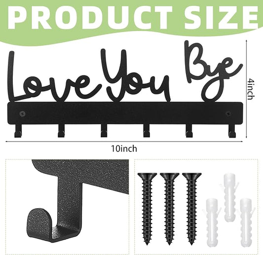 Valentines Key Holder Wall Mount Love You Bye Key Holder Hook Rack Organizer Hanger with 6 Hooks for Wall Express Love Art Sign Decor for Entryway Front Door(Hook Style,10 x 4)