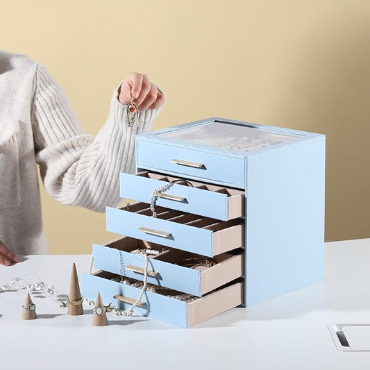 Frebeauty Clear Lid Jewelry Box,5-Layer Jewelry Organizer with Drawer,PU Leather Jewelry Organizers and Storage,Jewelry Boxes for Women,Jewelry Storage for Rings Earring Stud,Gift for Women(Sky Blue)