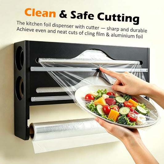 Plastic Wrap Dispenser with Cutter, 3 in 1 Tin Foil Wrap Dispenser Wall-Mounted Organizer for Baking Paper, Foil Dispenser with Cutter Wax Paper Holder Kitchen Storage Box (black)