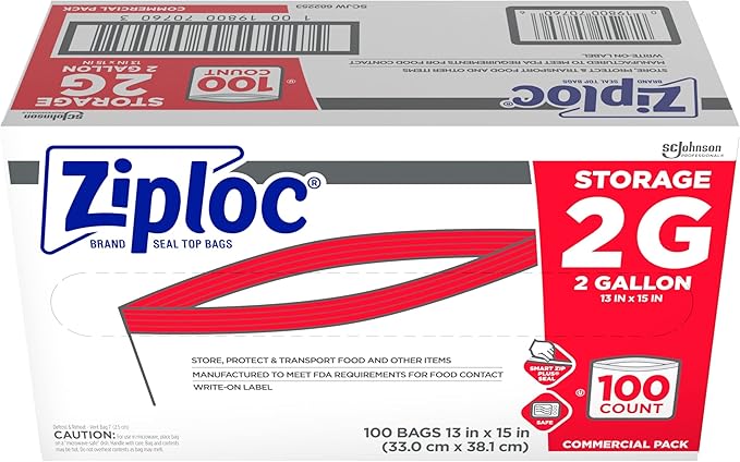 SC Johnson Professional Ziploc Brand Food Storage 2 Gallon Bags, Food Storage Ziploc Brand Bags, Commercial Pack, 100 Count Box, for Professional Use Only