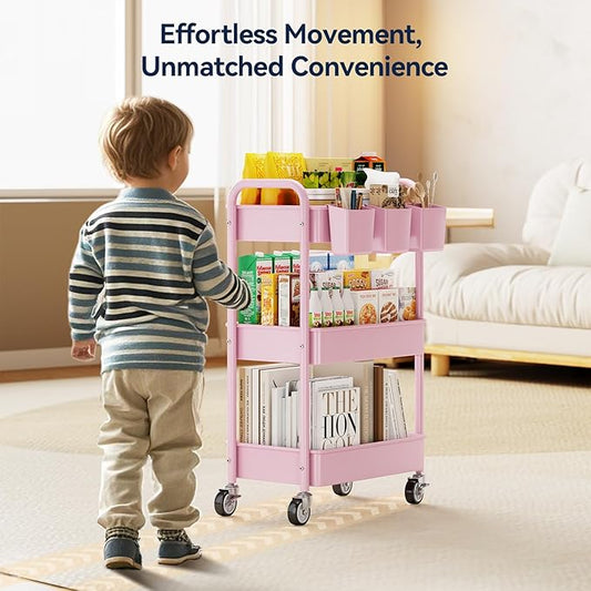 YASONIC 3-Tier Metal Rolling Cart, Heavy Duty Utility Cart with Lockable Wheels, Hanging Cups, Hooks, Mesh Rolling Storage Cart Craft Organizer, Lightweight and Sturdy, Pink