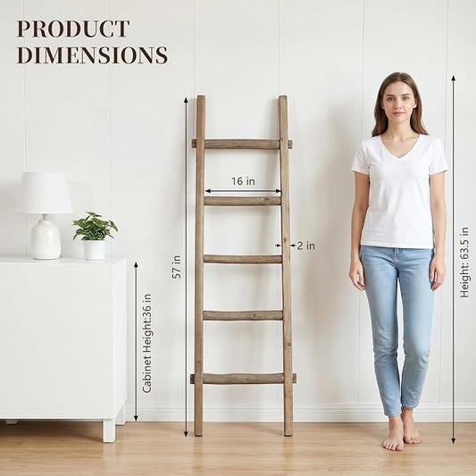 Blanket Ladder Pre Assembled 76in Wooden Ladder Shelf Living Room Bathroom Bedroom Decorative Wall Leaning Farmhouse Quilt Display Holder Rustic Towel Rack (Brown, 57in(5-Tier))