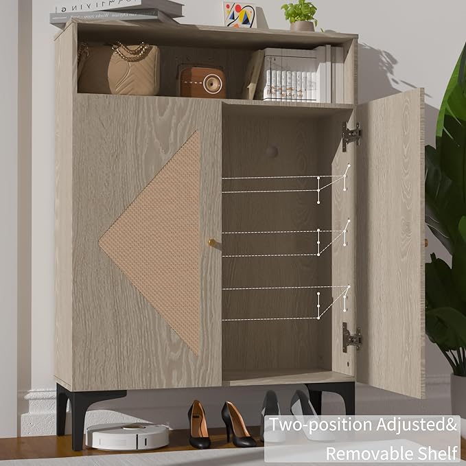 Shoe Cabinet Storage for entryway, Rattan Shoe Cabinet with Double Doors, 3 Adjustable Shelves, Slim Modern Shoe Organizer Cabinet with Open top Shelf and Metal Legs