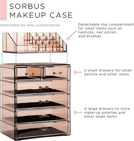 Sorbus Acrylic Makeup Organizer Set, 6-Drawer Vanity & Countertop Cosmetic Storage with Small & Wide Compartments, Bronze Glow Makeup Storage for Brushes, Jewelry – Holiday Gift for Women & Teens
