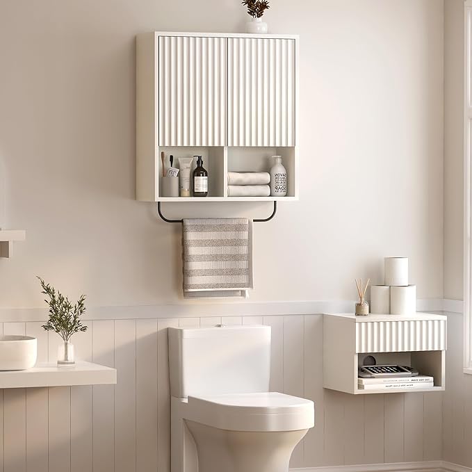 Fluted Wall Cabinets with Doors and Shelves Set of 2, Modern Medicine Cabinet Bathroom Adjustable Shelf Towel Rack Wood Storage Cabinet for Kitchen Dining Room Living Room, White