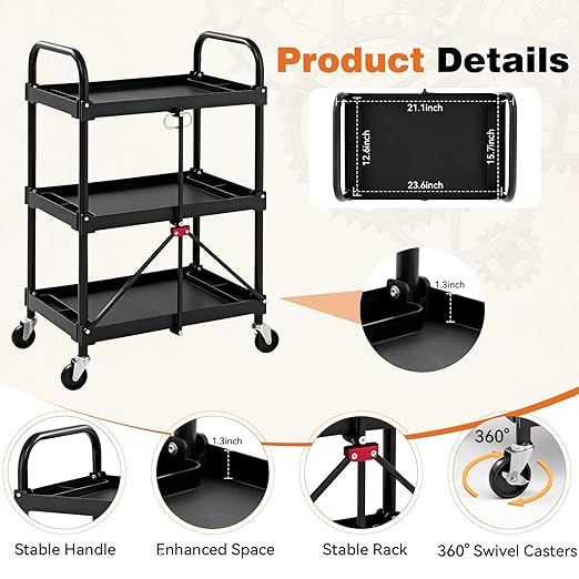 DUMOS 3-Tier Folding Utility Cart, Collapsible Service Cart with 4 Swivel Wheels and Brakes, 120LBS Capacity & Collapsible Storage Rolling Cart for Kitchen, Office, Garden, Garage, Pure Black