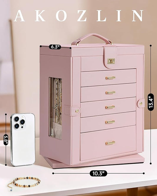 AKOZLIN 6-Tier Jewelry Box Organizer Functional 5 Drawers Leather Jewelry Storage Case for Women Girls Ring Necklace Earring Bracelet Holder Organizer with Mirror XL Pink 360° Rotating