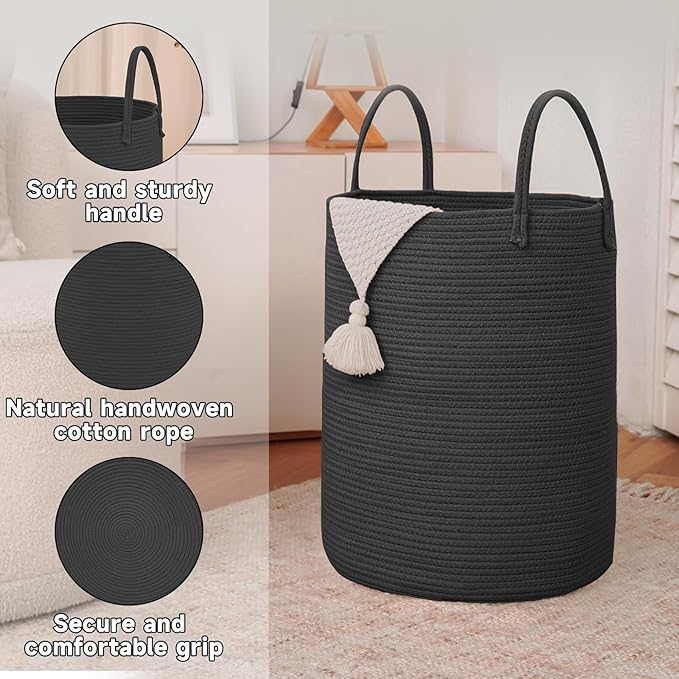 JMvicyroam Large Woven Laundry Basket Hamper,80L Cotton Rope Storage Bin for Blankets,Toys and Clothes,Decorative Tall Nursery Hamper for Living Room,Baby Nursery,Bathroom and Bedroom,Black