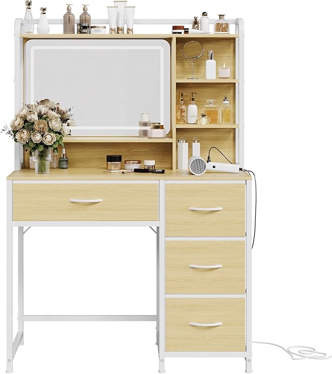 35.4" Vanity Desk with Square Mirror for Bedroom, Makeup Table with 4 Fabric Drawers & Storage Shelves, Modern Dressing Desk for Women Girls