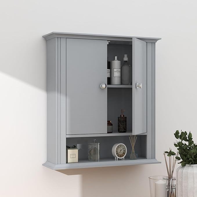 Wall Mounted Bathroom Cabinet Wooden Storage Cabinet with 2 Doors & Adjustable Shelf, Hanging Wall Cabinet Over Toilet, Upper Cabinet Storage Cupboard forBathroom, Kitchen,Laundry Room, Light Grey