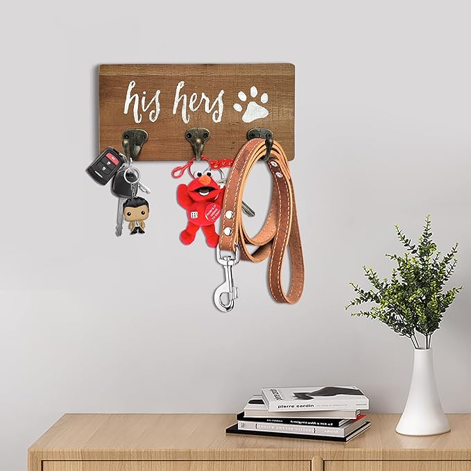 Key Holder Wall Mount, Dog Leash Holder for Wall, Decorative Rustic Entryway Hooks, Farmhouse Home Decor His Hers Gifts
