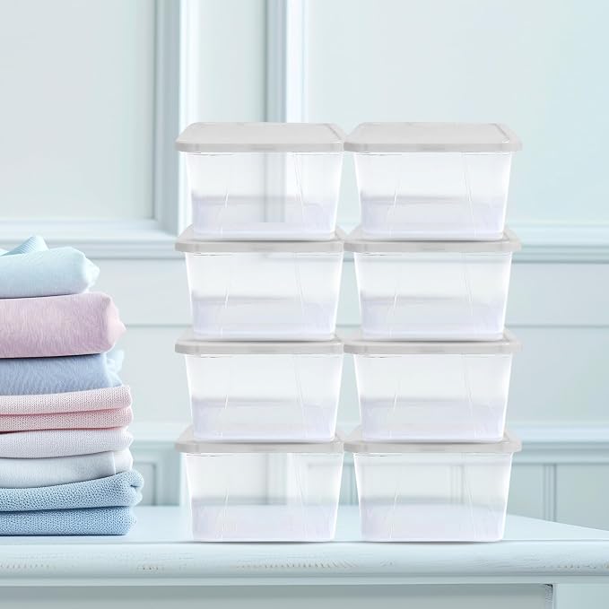 HOMZ 10-Pack Snaplock, Small Clear Plastic Storage Organizer Bins w/ Lids, 6 Quart, White - Stackable Container Boxes for Bedroom, Bathroom, Garage, and Office Organization