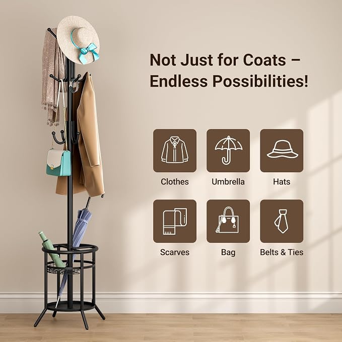 ELYKEN Coat Rack Freestanding, Metal Coat Rack Stand with Umbrella Holder, Modern Coat Tree with 12 Hooks, Floor Standing Corner Hall Tree for Entryway Living Room Bedroom Office, Black