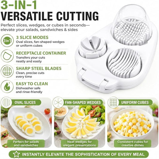 3-in-1 Egg Slicer for Hard Boiled Eggs - Multipurpose Stainless Steel Wire Cutter and Dicer for Strawberries, Mushrooms, and Soft Fruits - Dishwasher Safe Kitchen Tool