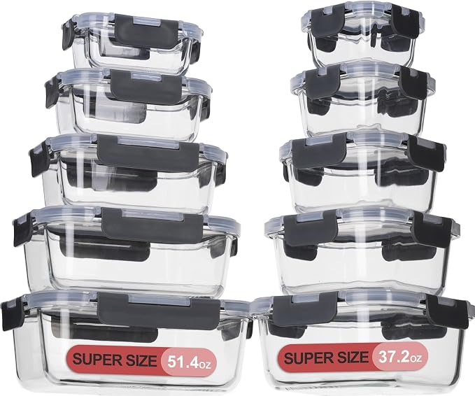 coccot Glass Food Storage Containers with Lids Airtight, Glass Meal Prep Containers for Lunch Food, Container Set, Easy to Open& Close/Microwave,Oven,Freezer,Dishwasher Safe/Leak-Proof(20 Pieces)