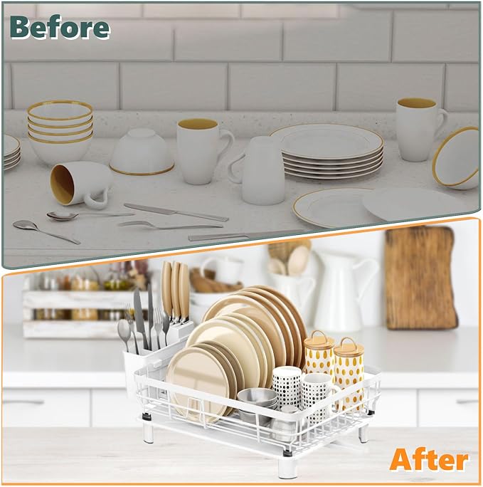 AIDERLY Metal Dish Drying Rack Automatic Drainage, White, Large | Removable Cutlery Basket, Drainboard & Knife Slots, Dish Drainers, for Kitchen Counter Sink