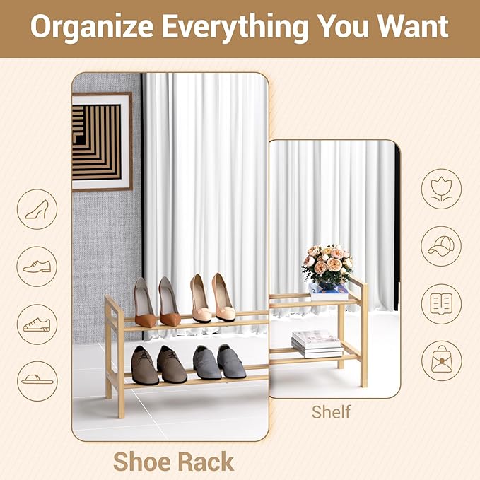 Haddockway Bamboo Shoe Rack for Closet, Free Standing Shoe Organizer with Smooth Round Rods & Convenient Handles, Stackable Shoe Storage Shelf for Entryway, Hallway(Natural, 2-Tier)