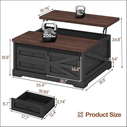 Itaar 39.4'' Lift Top Coffee Table with Storage, Farmhouse Coffee Tables for Living Room, Square Coffee Table with Large Hidden Compartment & 2 Drawers & Adjustable Shelves, Black+Walnut