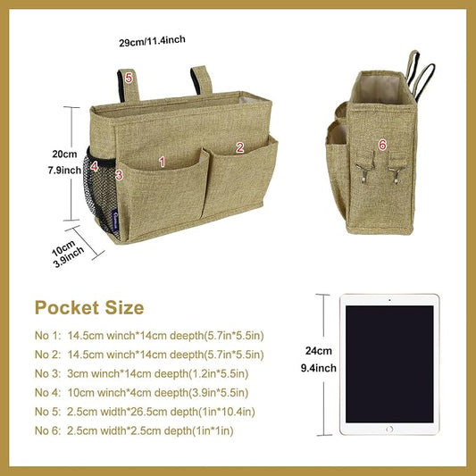 Surblue Bedside Caddy Hanging Bed Organizer Storage Bag Pocket for Bunk and Hospital Beds, College Dorm Rooms Baby Bed Rails, Camp 4 Pockets and 2 Hooks (Small,Linen)