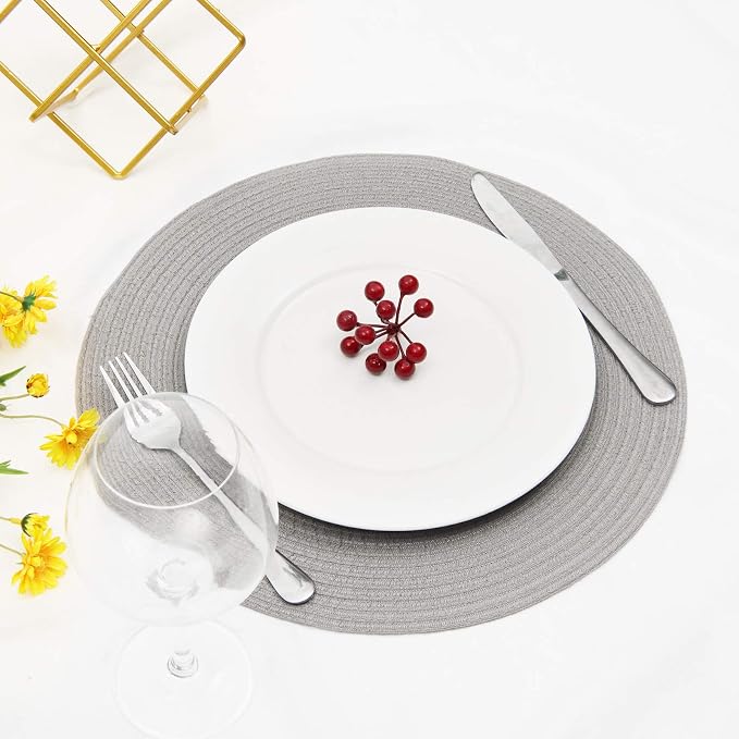 SHACOS Round Braided Placemats Set of 6 Thick Fabric Circle Grey Place Mats Woven Table Mats for Dining Tables 15 inch (Gray, 6)