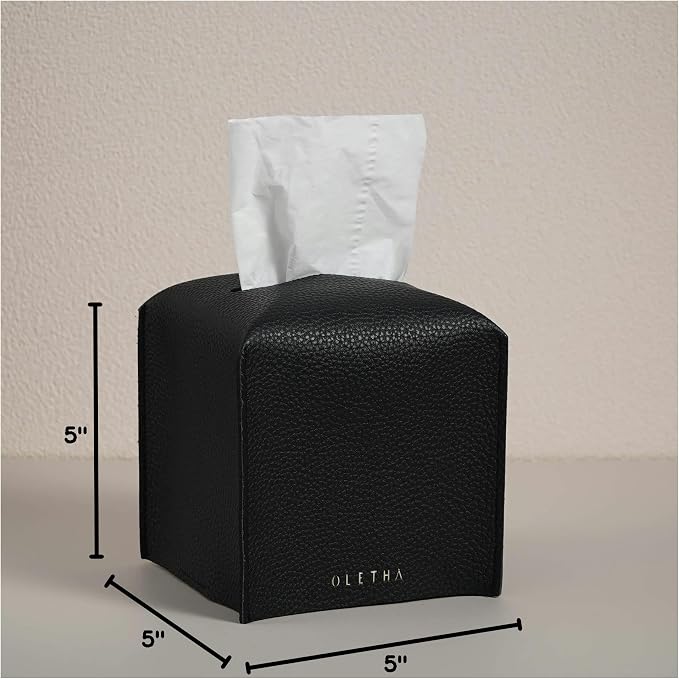 OLETHA Square Tissue Box Cover - Aesthetic Desk Decor for Room, Home & Office - Tissues Cube Boxes Holder - Black, Set of 2