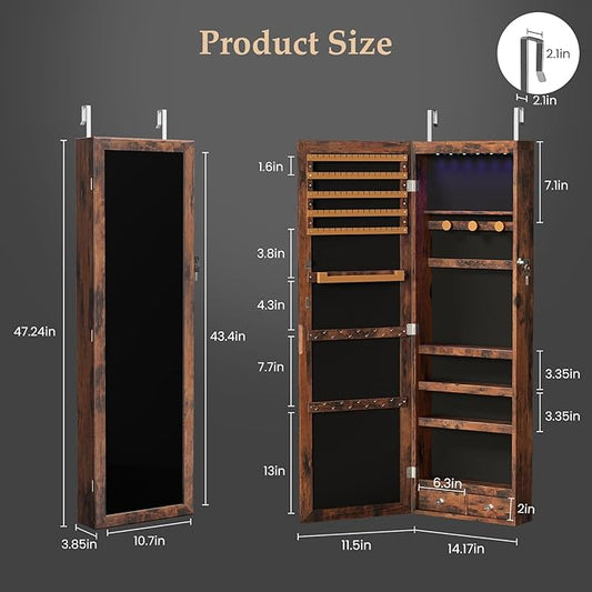 DUMOS Jewelry Armoire Cabinet with Full Length Mirror, 47.2" Wall Mounted or Over the Door Jewelry Organizer with 33 Necklace Hooks, Lockable Large Capacity Jewelry Armoire with Drawers, Rustic Brown