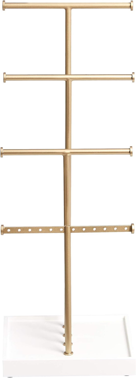 Amazon Basics Four-Tier Jewelry Organizer Tree Stand, Necklace Earring Bracelet Holder with Ring Storage, White/Brass