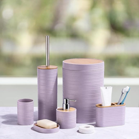 CERBIOR Bathroom Accessories Set 6 Piece Bamboo Bath Ensemble Includes Soap Dispenser, Toothbrush Holder, Toothbrush Cup, Soap Dish for Decorative Countertop and Housewarming Gift, Sriral Purple