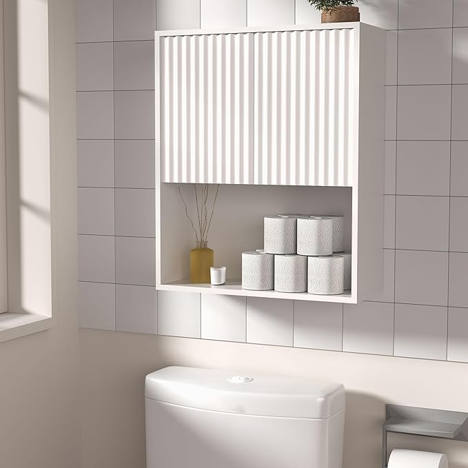 Fluted Bathroom Wall Cabinet Over The Toilet Storage,Wall Mounted Cabinet with Adjustable Shelf,Floating Cabinet Organizer Hanging Cabinet,Kitchen and Laundry Room Cabinets (White,1 PC)