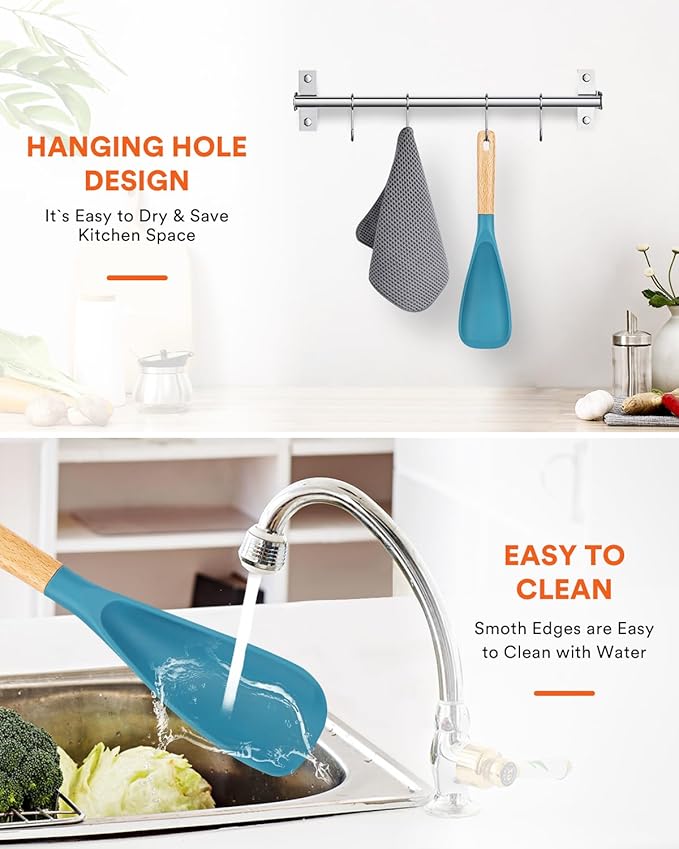 Cooking Spoon for Nonstick Cookwares, Great for Cooking and Serving Sturdy BPA-Free Matte Silicone, Wood Handle Spoon for Mixing, Scoop, and Scrape (TURQ, 11.4 inch)