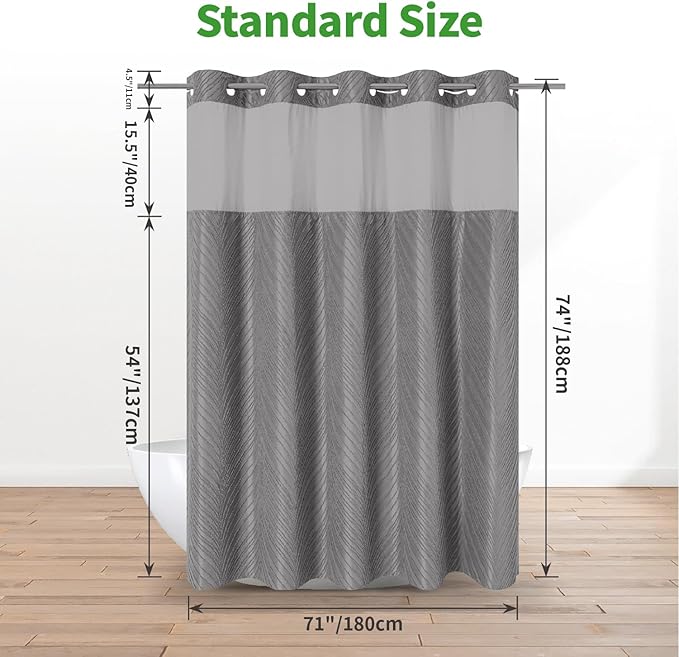 no Hook Shower Curtain and Liner Set,Boho Style with See Through Top Window, Grey Fabric Tufted Striped Textured Outer Curtain & Waterproof Inner Liner, Grey/Gray, 71Wx74H