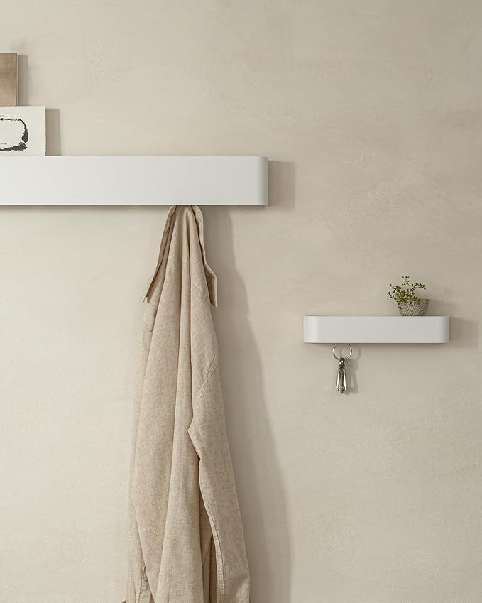 Kazai.ยฎ Coat Rack Wall Mount with Shelf 'Tone' | Modern Design Coat Hanger with Hidden Hooks and Storage | Hat Rack with Shelf in Metal | Wall-Mounted Purse Organizer | White