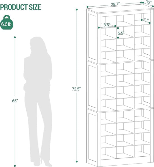 Hzuaneri Shoe Storage Cabinet, 36 Pairs Free Standing Closet Organizer, 9 inch Widened Cell Wood Shoe Organizer, 12 Tiers Vertical Space Saving Shoe Rack for Entryway, Cloakroom, Black SR20704X