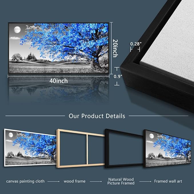 Black Framed Canvas Wall Art For Living Room & Office - Large Size Blue Moon Tree Scenery - 20" X 40"