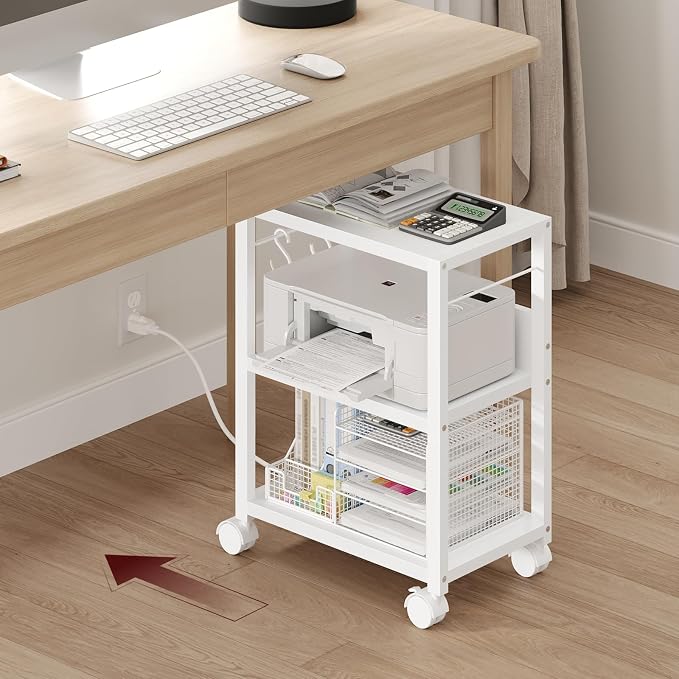 MAHANCRIS Industrial Printer Cart, 3-Tier Mobile Printer Stand, Rolling Cart with 2 AC Outlets and 2 USB Ports, Home Printer Stand with 2 Hooks, for Office, Living Room, White PTWT40E01