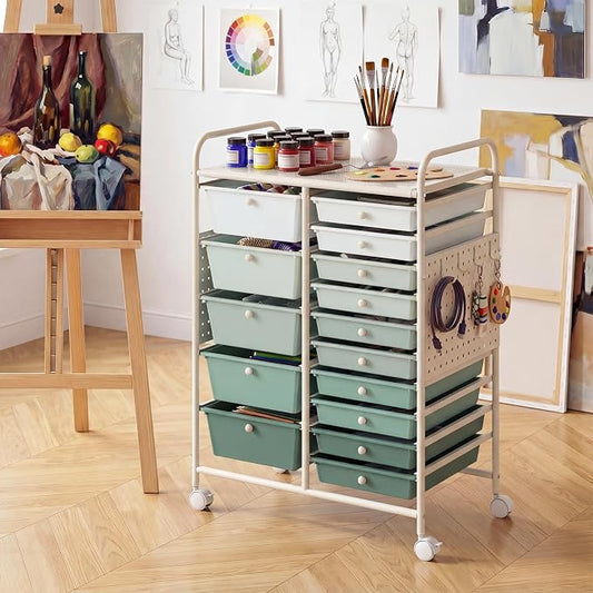 GOFLAME 15-Drawer Rolling Storage Cart with Pegboard, Craft Storage Cart with Lockable Wheels and Metal Frame, Art Cart Supply Storage Organizer for Home Office Classroom, Green Gradient