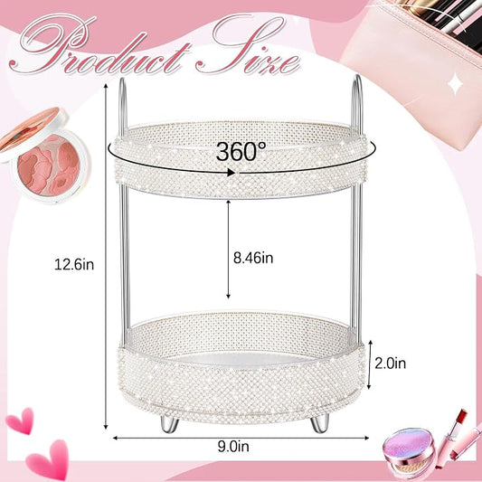 Honeydak 360 Rotating Perfume Organizer Gift for Women, Rhinestone Preppy Skincare Organizer Bathroom Counter Makeup Holder Skincare and Perfume Storage for Cosmetic(2 Tiers,Pearl,White)